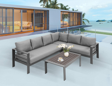 3-Pieces Outdoor All-Weather Conversation Set , Sectional Sofa, Corner Sofas, Grey Aluminum with Dark Grey Cushions