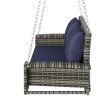 GO 2-Person Wicker Hanging Porch Swing with Chains, Cushion, Pillow, Rattan Swing Bench for Garden, Backyard, Pond. (Gray Wicker, Blue Cushion)