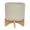 S/2 5/8" PLANTER W/ WOOD STAND, MATTE BEIGE