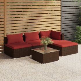 5 Piece Patio Lounge Set with Cushions Poly Rattan Brown (Color: as Pic)