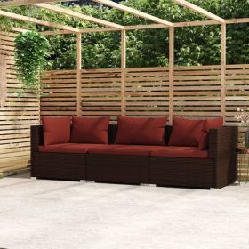 Wicker Patio Furniture 3 Piece with Cushions Brown Poly Rattan (Color: Silver)